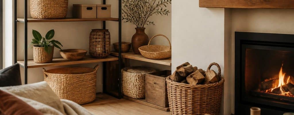 Paniers en osier et objets de rangement