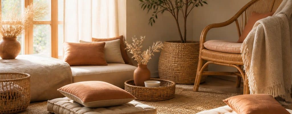 Textiles et coussins dans un interieur cosy