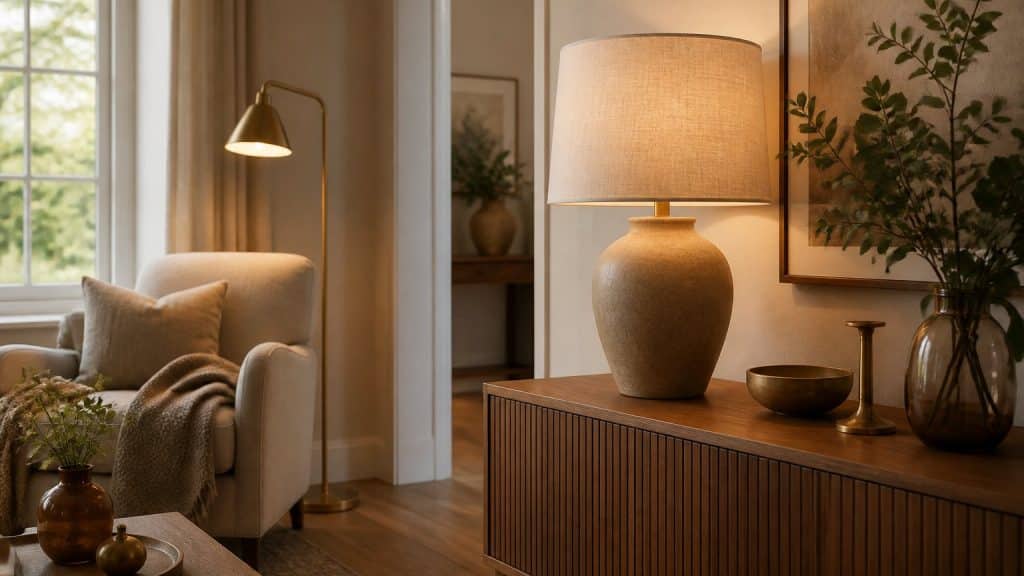 Salon chaleureux avec lampe à poser sur une console en bois et lampadaire près d'un fauteuil, lumière douce et palette naturelle