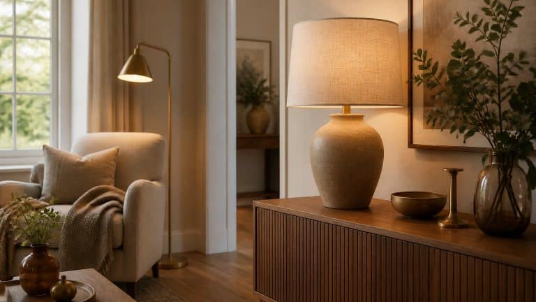 Salon chaleureux avec lampe à poser sur une console en bois et lampadaire près d'un fauteuil, lumière douce et palette naturelle