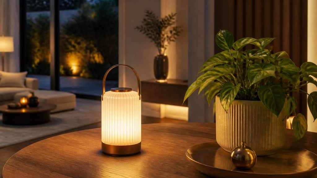 Intérieur chaleureux éclairé par des LED douces, lampe rechargeable sans fil sur une table en bois et plantes vertes