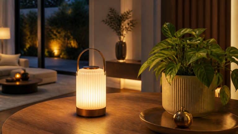 Intérieur chaleureux éclairé par des LED douces, lampe rechargeable sans fil sur une table en bois et plantes vertes