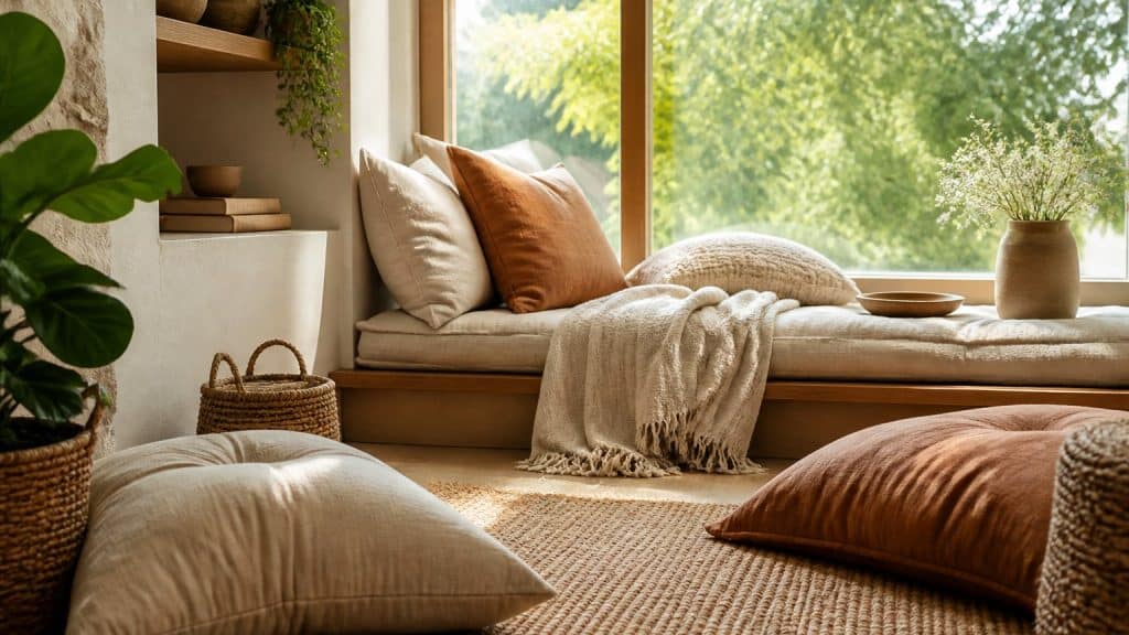 Coin cosy près d'une fenêtre avec grands coussins de sol, coussins de chaise superposés et plaid, dans une ambiance douce et naturelle