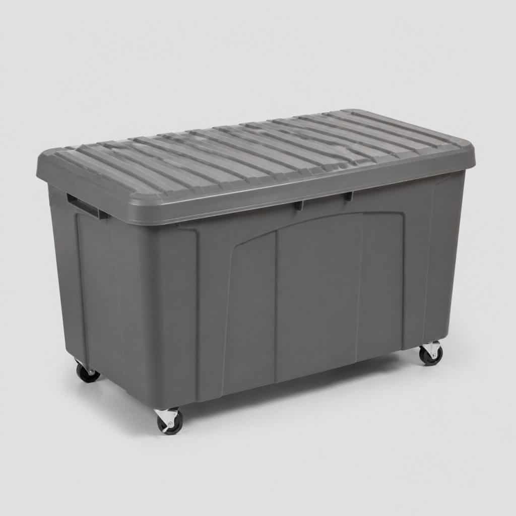 Grande boîte en plastique avec couvercle et roulettes