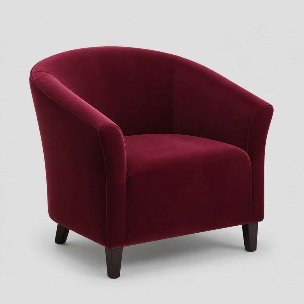 Housse velours bordeaux sur fauteuil crapaud