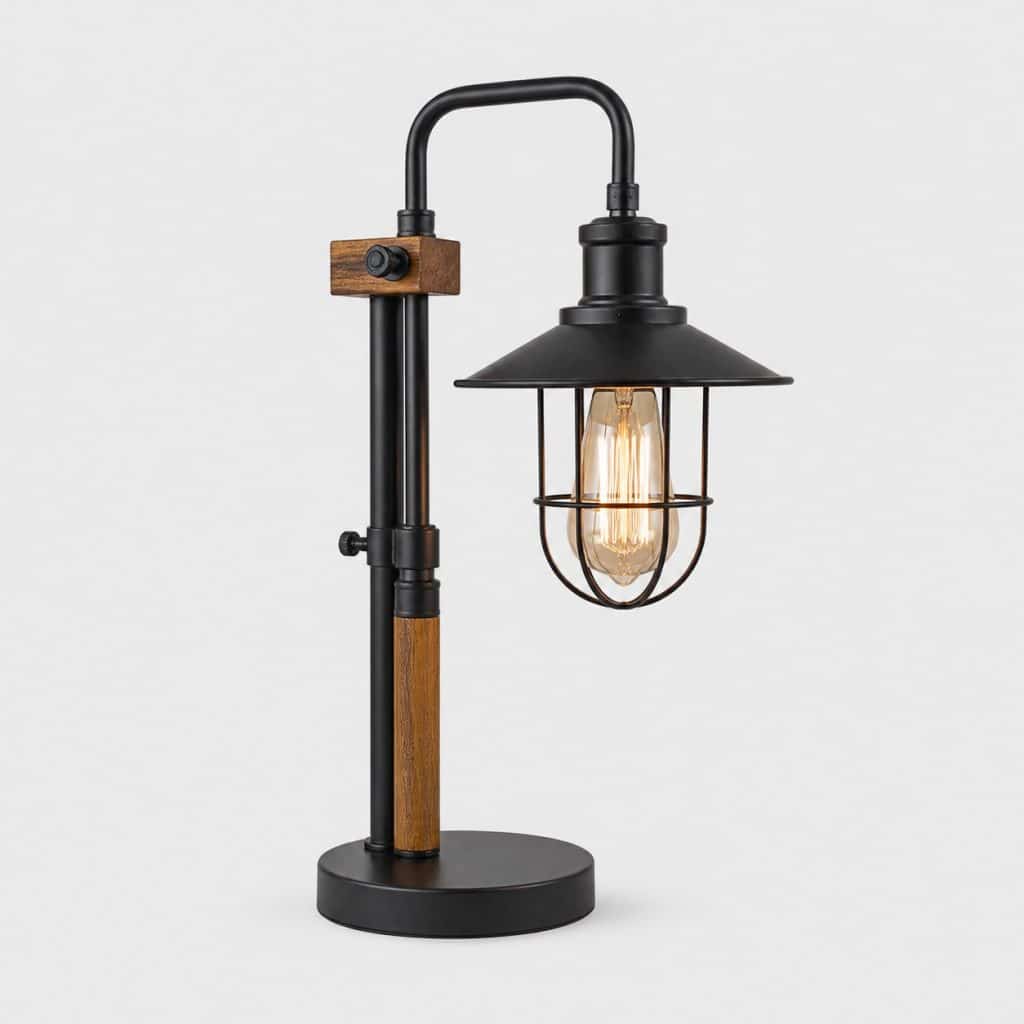 Lampe de salon style industriel m&eacute;tal noir et bois