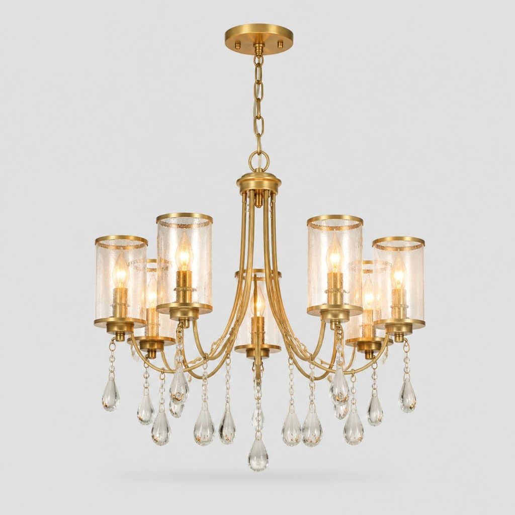 Lustre à pampilles de verre et laiton brossé pour chambre adulte