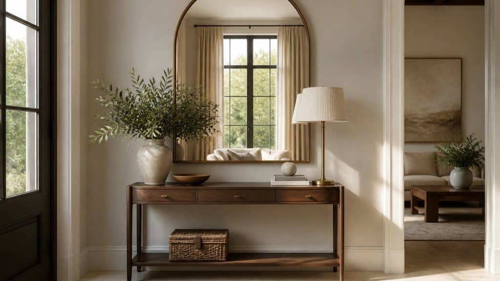 Miroir arche au-dessus d'une console en bois face à une fenêtre, reflétant la lumière naturelle dans une entrée élégante