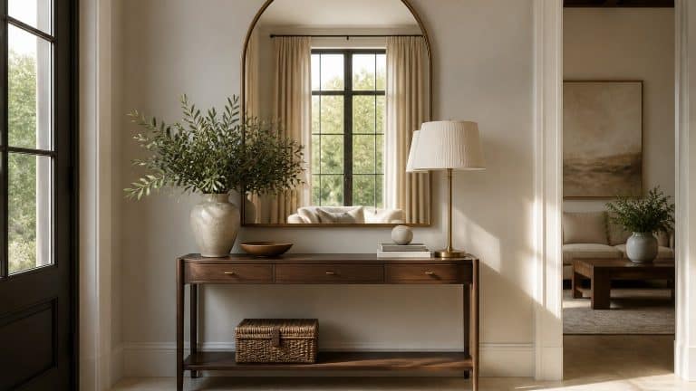 Miroir arche au-dessus d'une console en bois face à une fenêtre, reflétant la lumière naturelle dans une entrée élégante