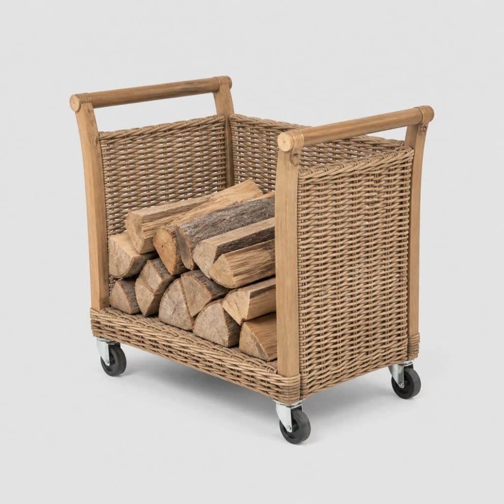Panier à bois à roulettes en osier et bois