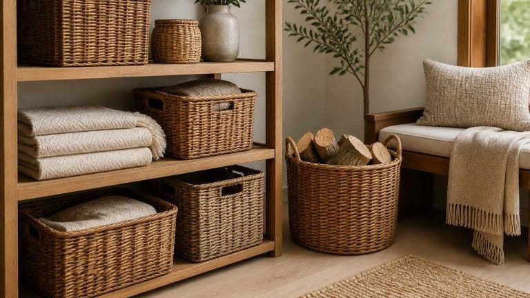 Paniers en osier de différentes tailles et panier à bûches disposés avec style près d'un banc en bois, plaids pliés à l'intérieur