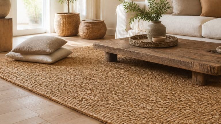 Tapis en jonc de mer tressé sur un parquet, dans un salon lumineux avec coussins en lin et table basse en bois