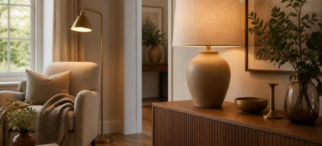 Salon chaleureux avec lampe à poser sur une console en bois et lampadaire près d'un fauteuil, lumière douce et palette naturelle