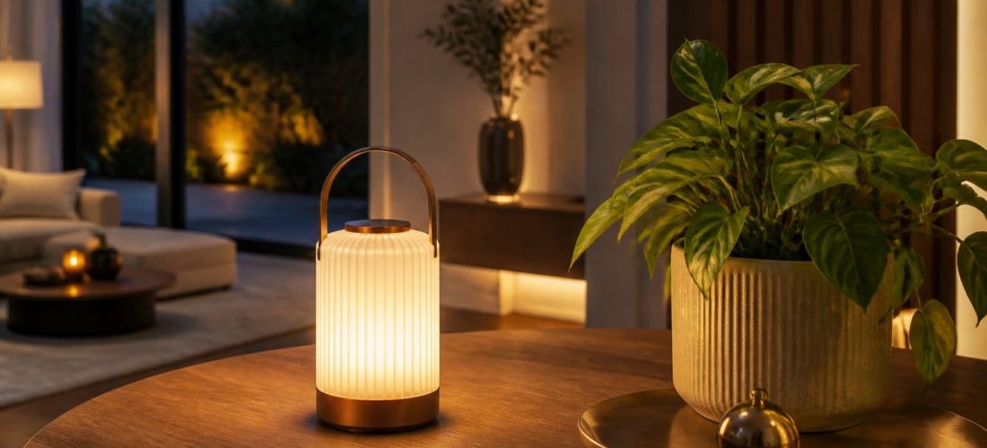 Intérieur chaleureux éclairé par des LED douces, lampe rechargeable sans fil sur une table en bois et plantes vertes