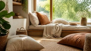 Coin cosy près d'une fenêtre avec grands coussins de sol, coussins de chaise superposés et plaid, dans une ambiance douce et naturelle