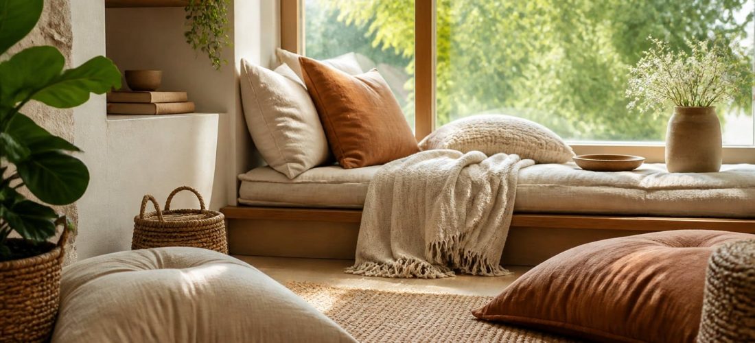 Coin cosy près d'une fenêtre avec grands coussins de sol, coussins de chaise superposés et plaid, dans une ambiance douce et naturelle