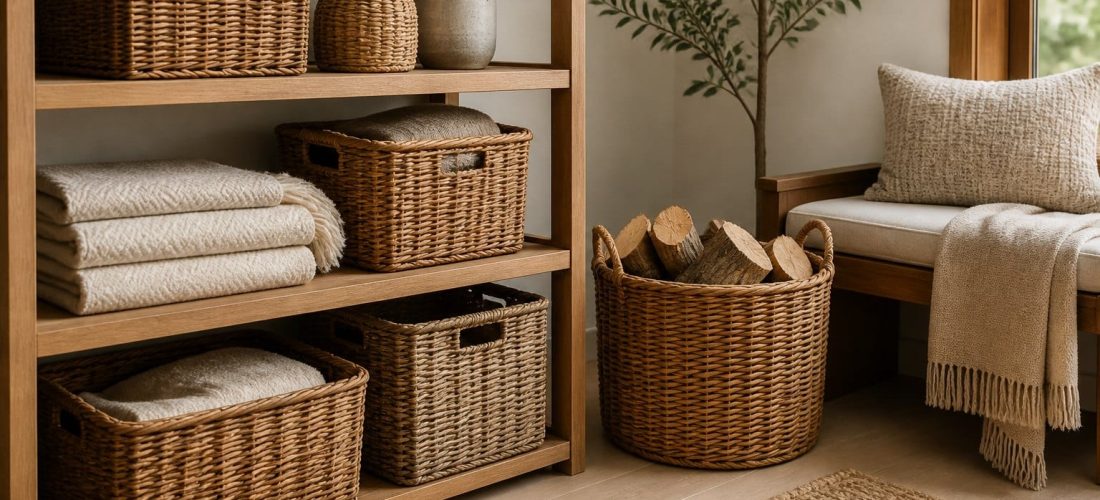 Paniers en osier de différentes tailles et panier à bûches disposés avec style près d'un banc en bois, plaids pliés à l'intérieur