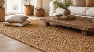 Tapis en jonc de mer tressé sur un parquet, dans un salon lumineux avec coussins en lin et table basse en bois