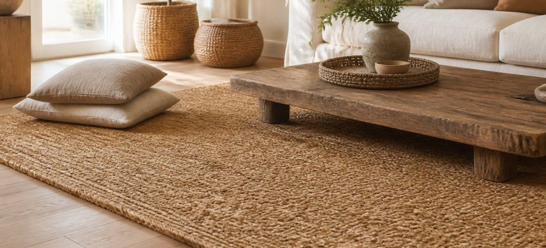Tapis en jonc de mer tressé sur un parquet, dans un salon lumineux avec coussins en lin et table basse en bois